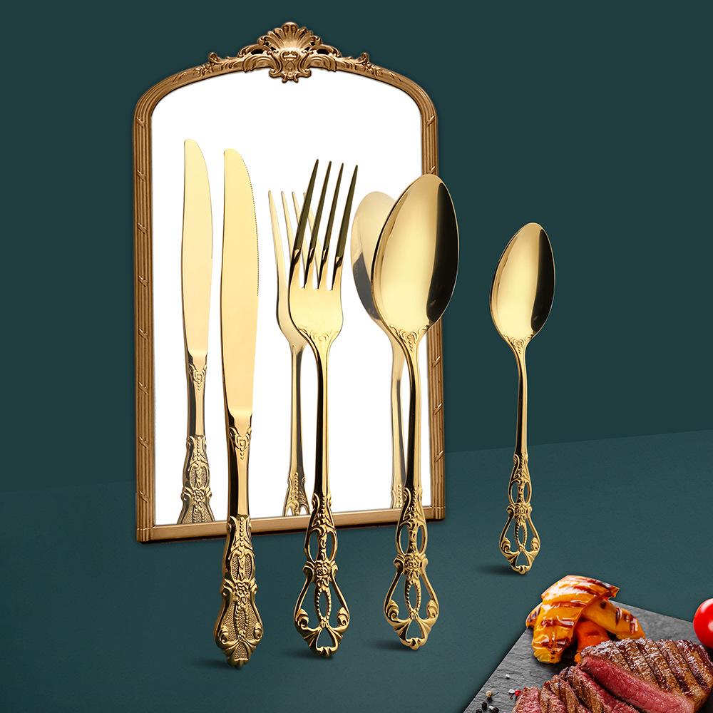 Creative European Embossed Knife, Fork and Spoon Set Western Tableware Steak Knife and Fork Stirring Dessert Spoon