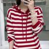 Women's Hooded Striped Knit Pullover Sweater - Loose Fit, Long Sleeve, Autumn/Winter Style.