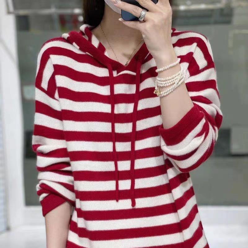 Women's Hooded Striped Knit Pullover Sweater - Loose Fit, Long Sleeve, Autumn/Winter Style.