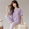 Short-sleeved long pants pajamas women's summer cartoon cute can be worn outside plaid loungewear imitation cotton suit summer thin