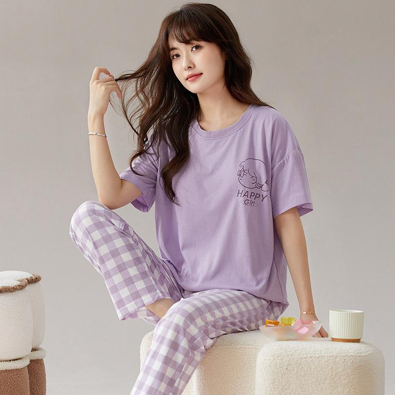 

Short-sleeved long pants pajamas women s summer cartoon cute can be worn outside plaid loungewear imitation cotton suit summer thin xxl recommended within 72.5kg
