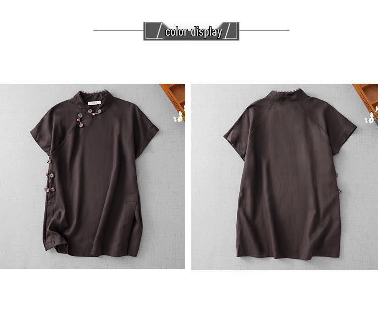 2025 Summer Women's Dark Coffee Chinese Style Short Sleeve Shirt