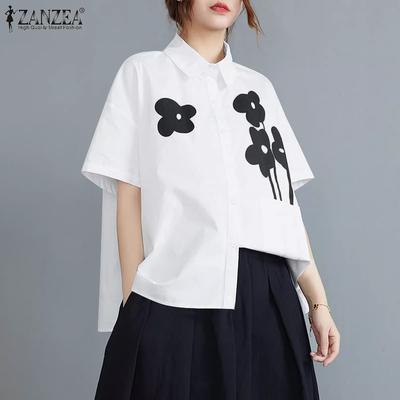 Women Turn Down Collar Floral Print Loose Short Sleeve Blouse