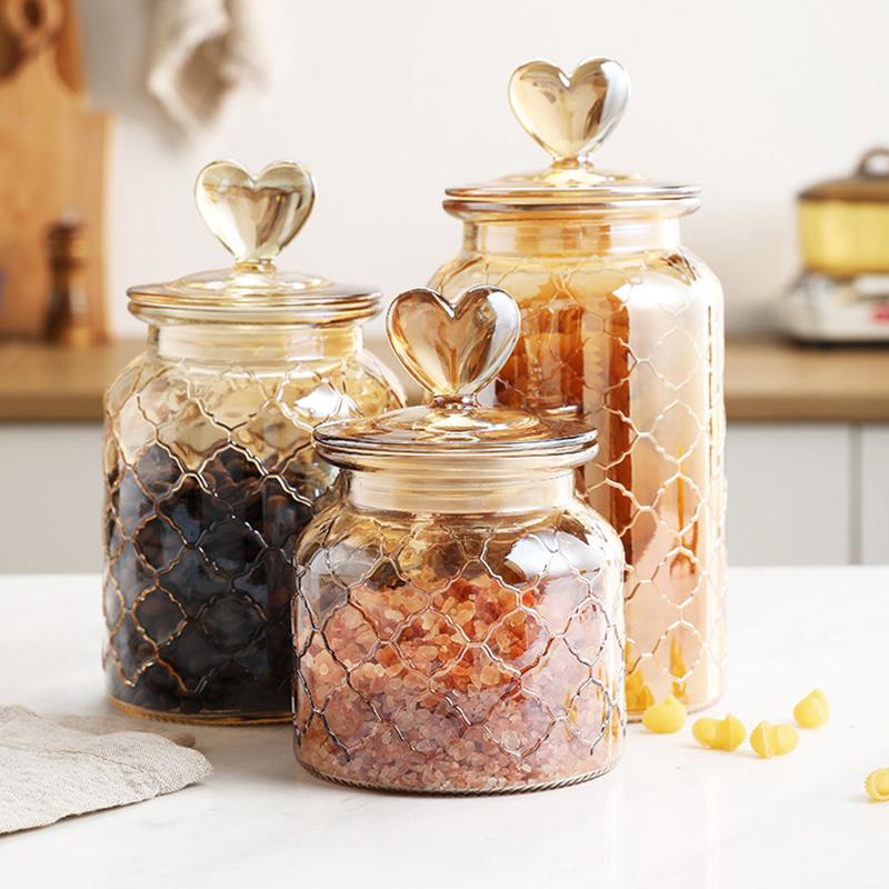 Transparent Glass Jars with Love Lid Home Kitchen Large Capacity Grain Storage Bottle Storage Jars for Grains Kimchi Kitchenware
