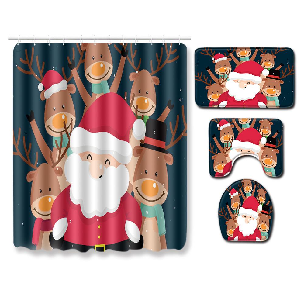 Christmas Shower Curtain Four-Piece Toilet Floor Mat Non-Slip Doormat Water Absorption And Dust-Proof Carpet