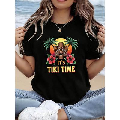 Women's "IT'S TIKI TIME" Letter Print T-Shirt Crew Neck Short Sleeve Casual Summer Top