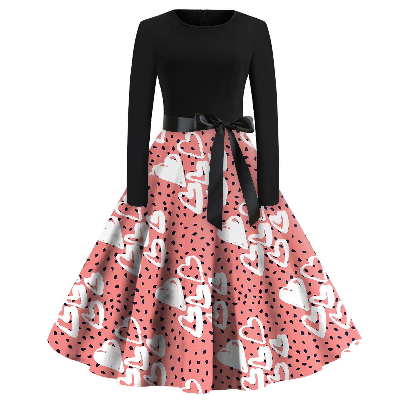 

Женское повседневное платье-пуловер с круглым вырезом и принтом ко Дню святого Валентина, с завышенной талией и длинными рукавами XL розовый