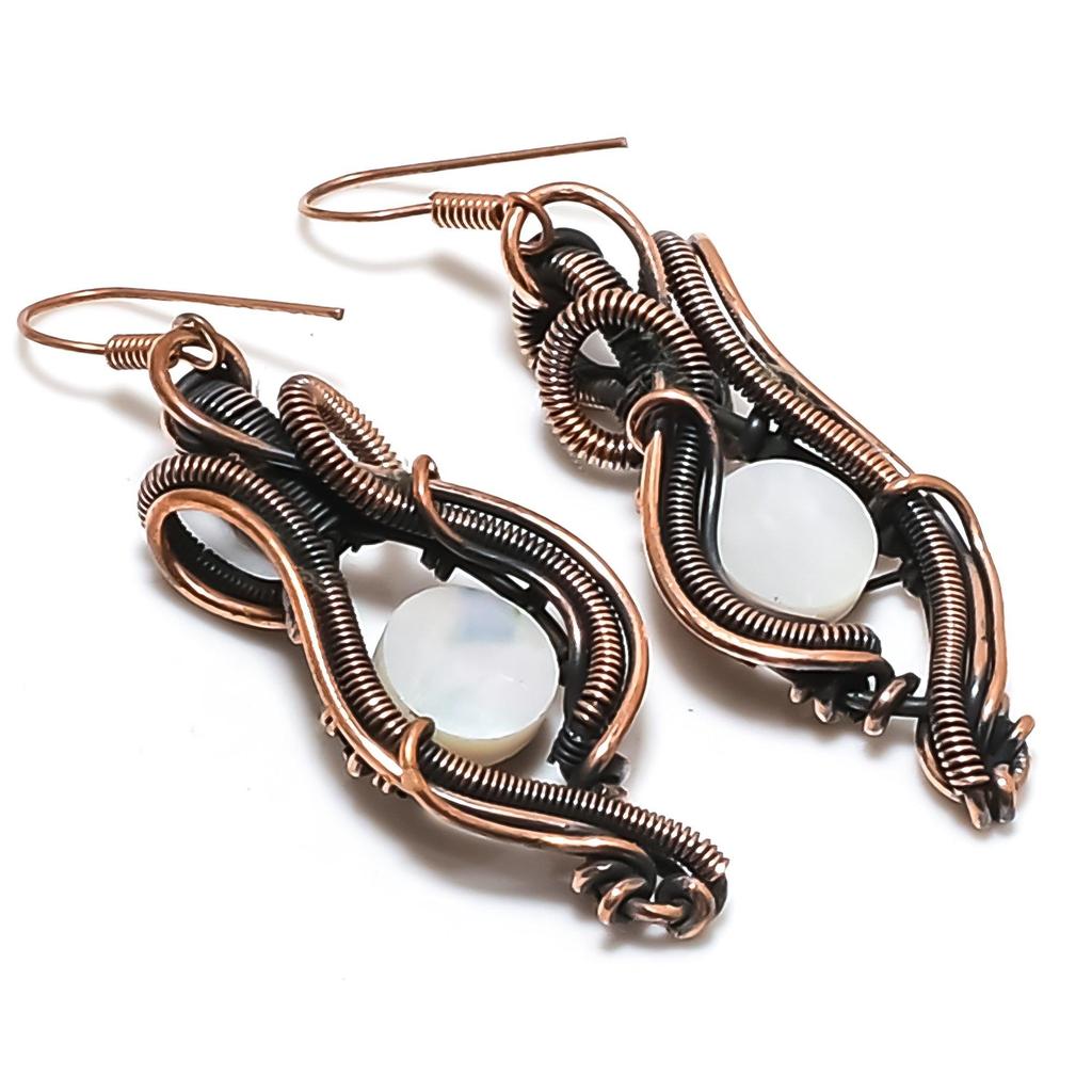 Mother Of Pearl Earrings, 999 Copper Wire Wrap Earrings Handmade Gemstone Jewelry, Gifts For Wife Brand New Earrings