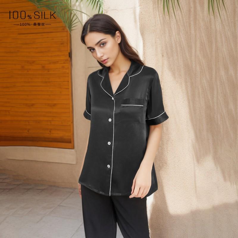 Womens 100% Pure Silk Pajama Set Short Sleeve Long Pants Lightweight Sleepwear Comfortable Home Loungewear