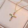 Damen Bunte Zirkon Kreuz Halskette - Nischendesign mit Voll-Diamant-Anhänger an Edelstahlkette