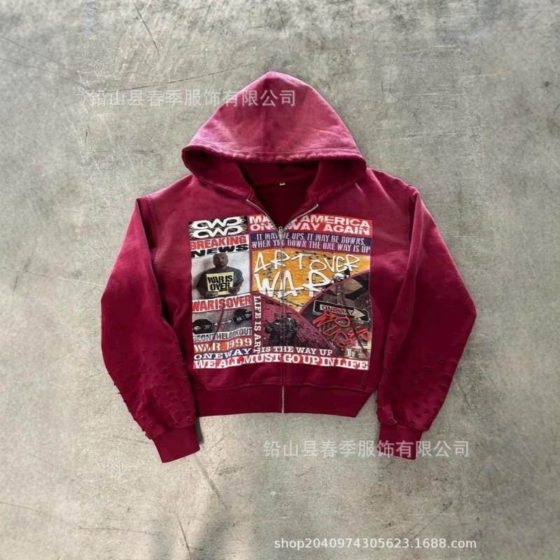2026 Retro Print Zip-Up Hoodie Unisex Streetwear Oversized Casual Sweatshirt Teens Adults