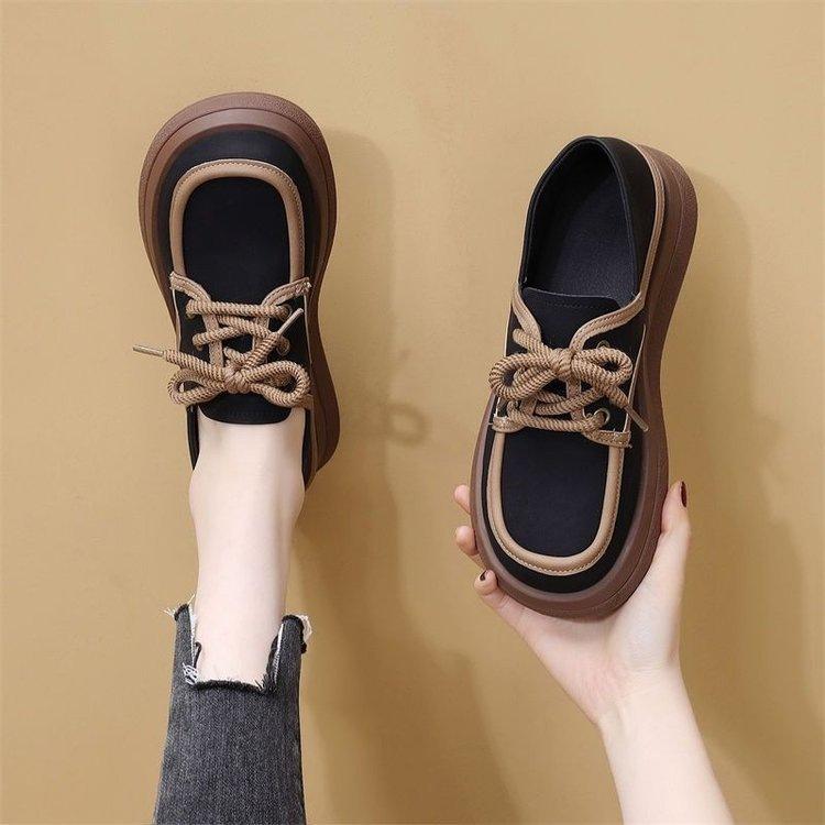 College style color matching thick sole two wear small leather shoes spring non-slip wear-resistant design sense niche single shoes