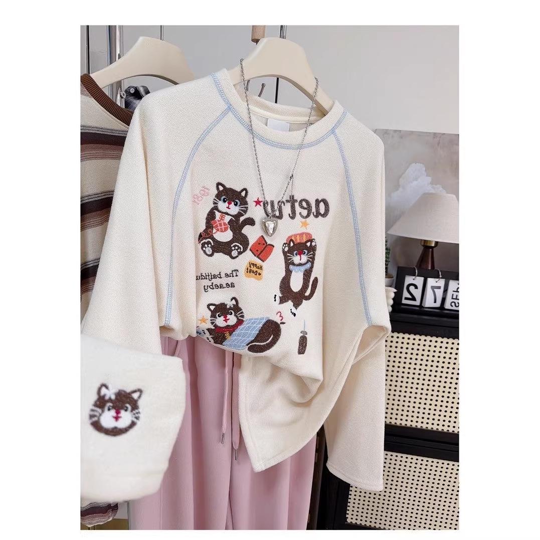 

Plus Size Women s Autumn Winter Cat Embroidery Thermal Fleece Long Sleeve Top 2XL 80-90 kg
