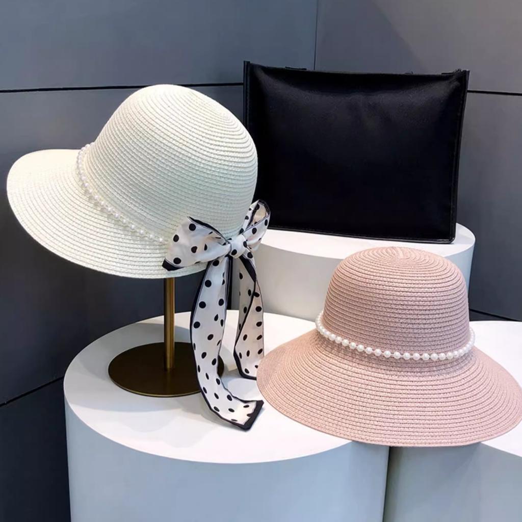 Elegant Pearl Bowknot Sun Hat for Women - Wide Brim, UV Protection Straw Bucket Cap with Chic French Style Design