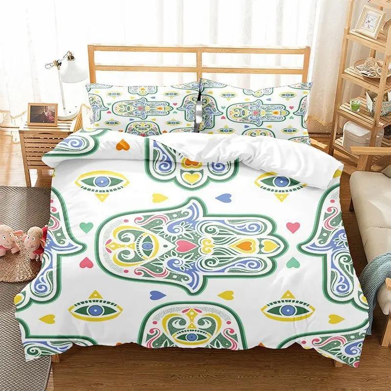 Hamsa Hand Bettbezug King Queen Boho Schwarz Gold Glückshand Fatima Bettwäsche Set Hippie Paisley Tribal Polyester Steppdeckenbezug