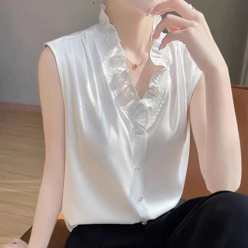 Women Summer Satin Ruffle V Neck Sleeveless Button Down Blouse M белый