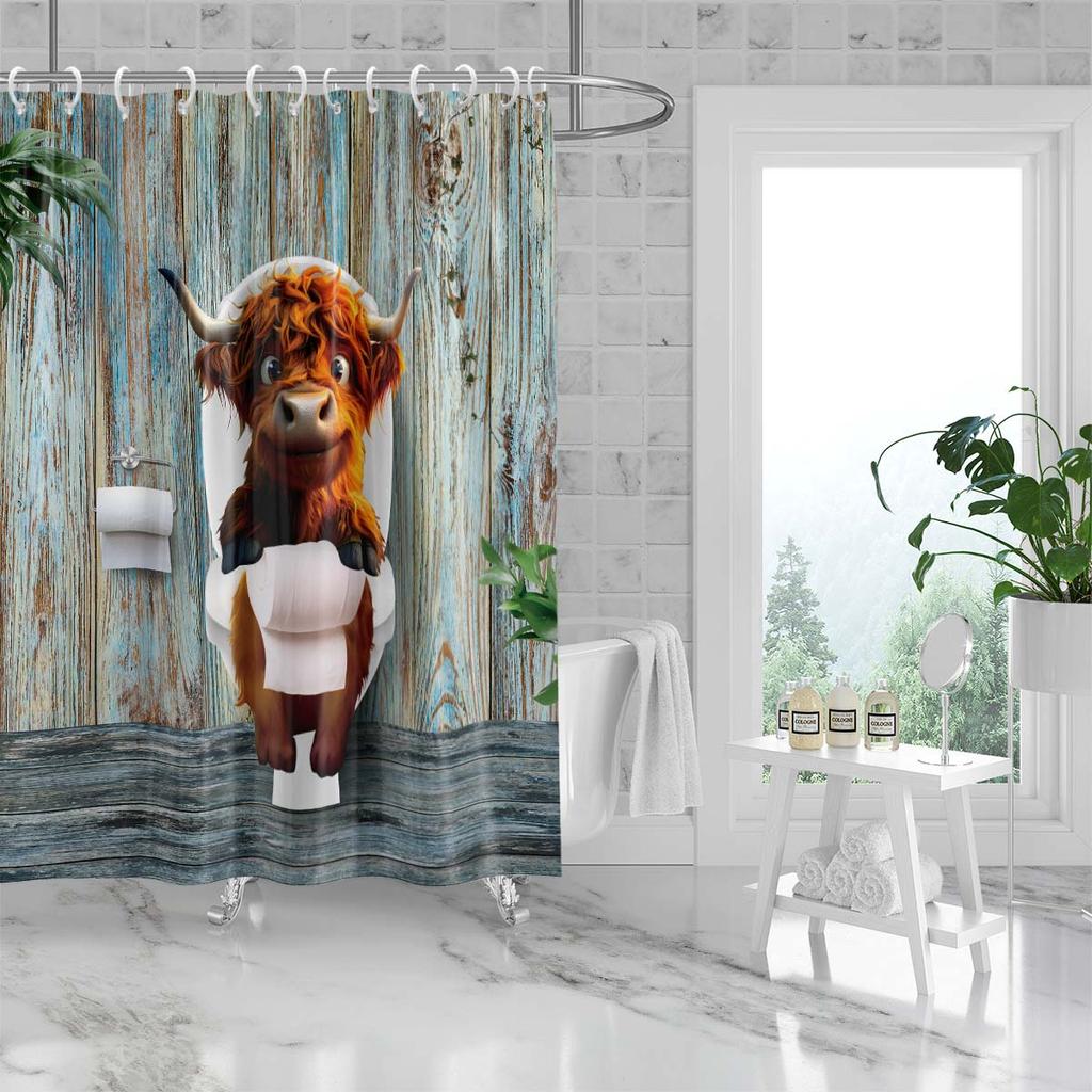 1Pc Cattle In Toilet Pattern Printed Shower Curtain, Waterproof, With 12 Hooks, Bathroom Showers, Bathtub, Home Use