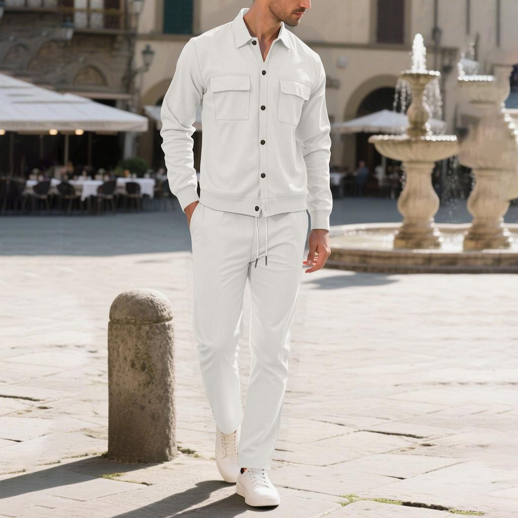 Men's Casual Solid Color Suit Solid Color Double Pocket Button Lapel Long Sleeve Pants Two-Piece Suit