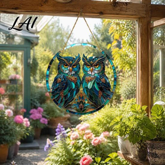 Sunlight Shadow Display Double Owl Suncatcher Window Hanging Ornament Stained Glass Style Circular Wall Colorful Animal Art Decor Green for