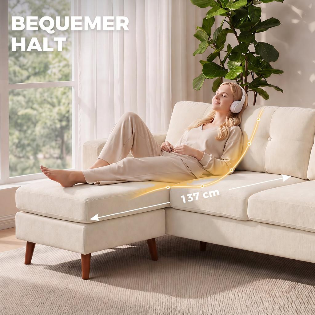 Corner Sofa 192 Cm L-Shape 3-Seater Sofa with Reversible Chaise Longue, Corduroy Look, for Small Spaces, Cream White