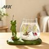 Artistic Resin Craft Frog Fishing Glass Fish Tank Ornament with Lotus Leaf Base, Hydroponic Charming Window Sill Decor Plant Propagation Station