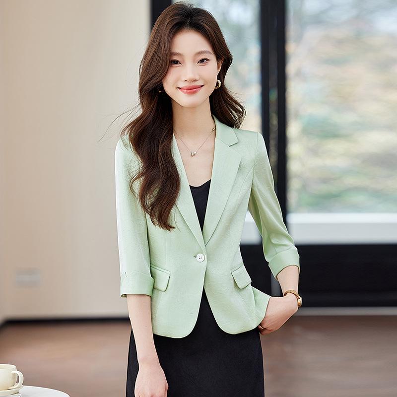 Women's Green Mid-Sleeve Summer Blazer - 2024 Petite Casual Jacket