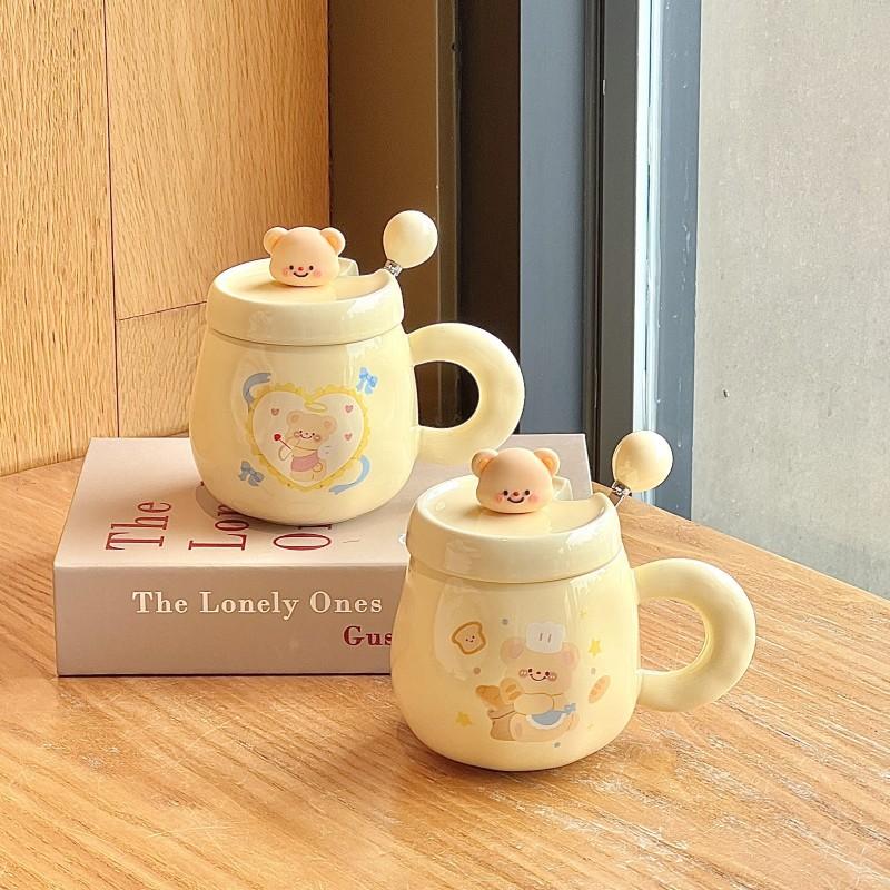 Butter Bear Mug with Lid Girl Cute Ceramic Drinking Water Cup Couple Coffee Cup Birthday Gift