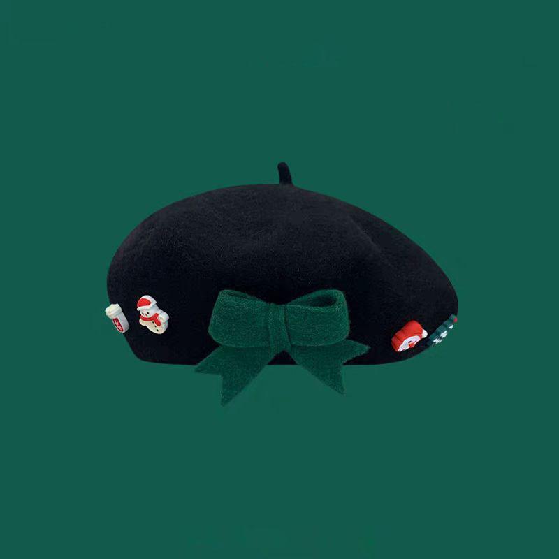 Unisex Winter Character Christmas Bow Beret New Fashion Korean Style Wool Artist Hat Sweet Holiday Red Trendy