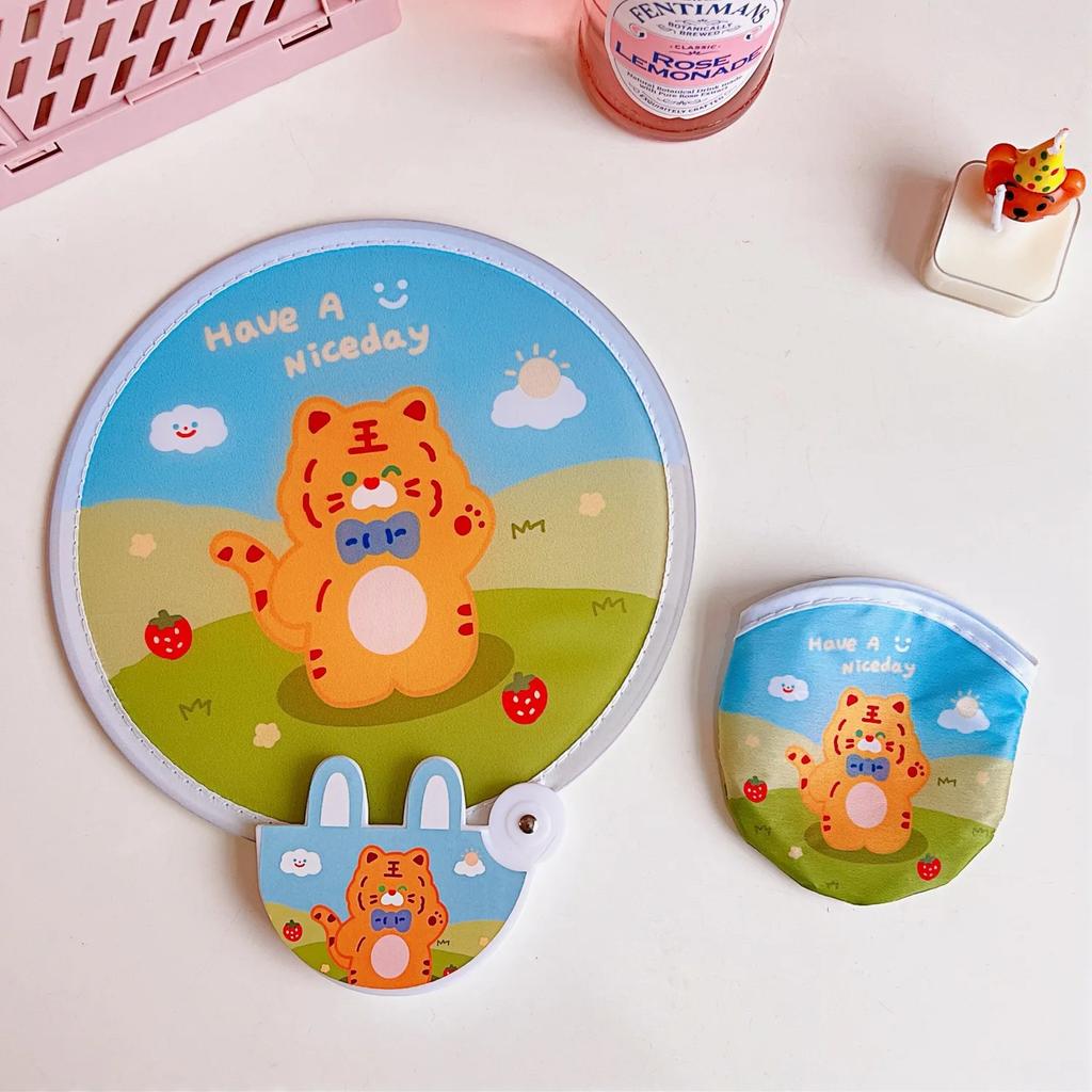 Lovely Japanese Folding Round Fan Summer Portable Mini Cartoon Handle Cloth Net Red