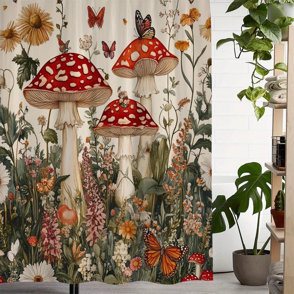 1p Shower Curtain Cartoon Mushroom Flora Printed Starlight Milu Deer Print Toilet Mat Durable Waterproof for Home Bathroom Decor