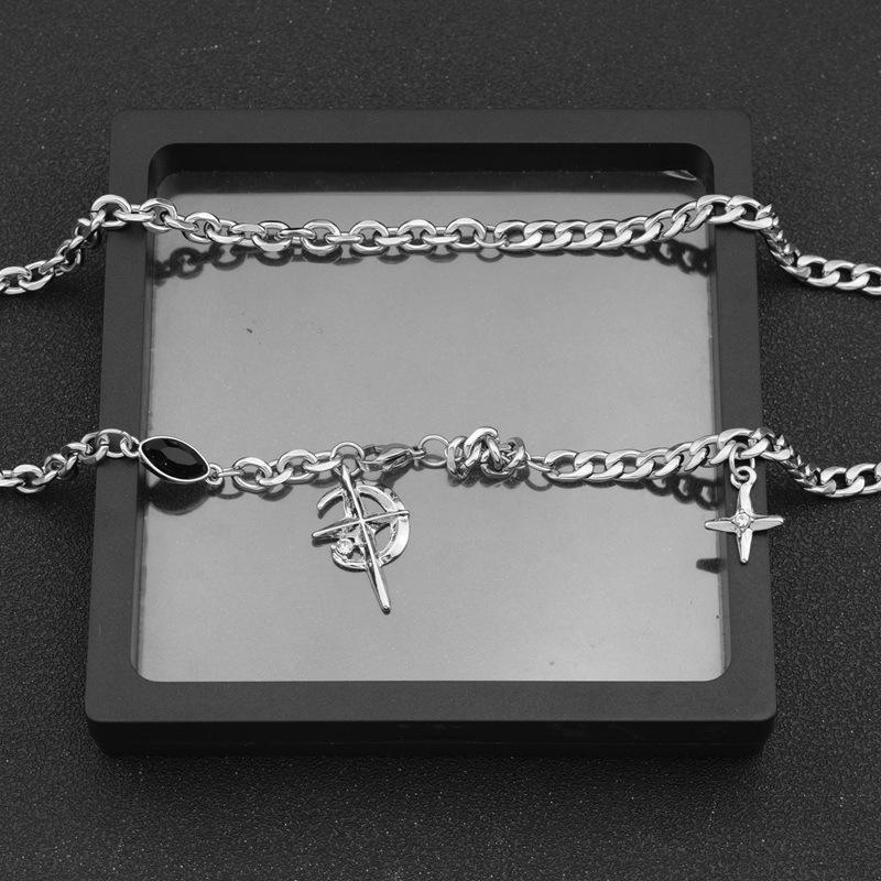 Black Gem Pentagram European American Hip Hop Street Necklace For Men Women Clavicle Sweater Chain
