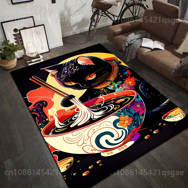 1PC Black Cat Eating Noodles Pattern Rug Carpets for Bedroom Living Room Sofa Mat Creative Door Mat Cloakroom Home Decor