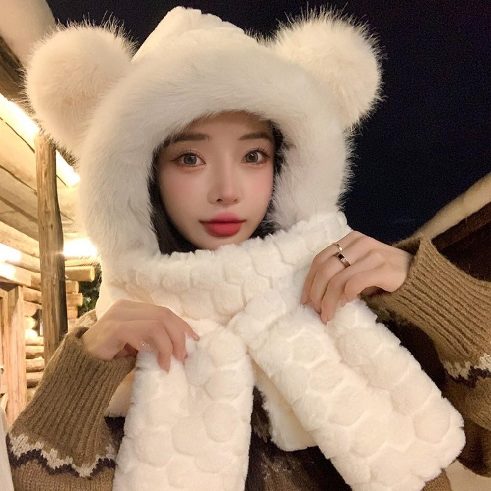 Warm 3-in-1 Cap Scarf Gloves Set Winter Integrated Cap Scarf Bear Ear Hooded Scarf for Women
