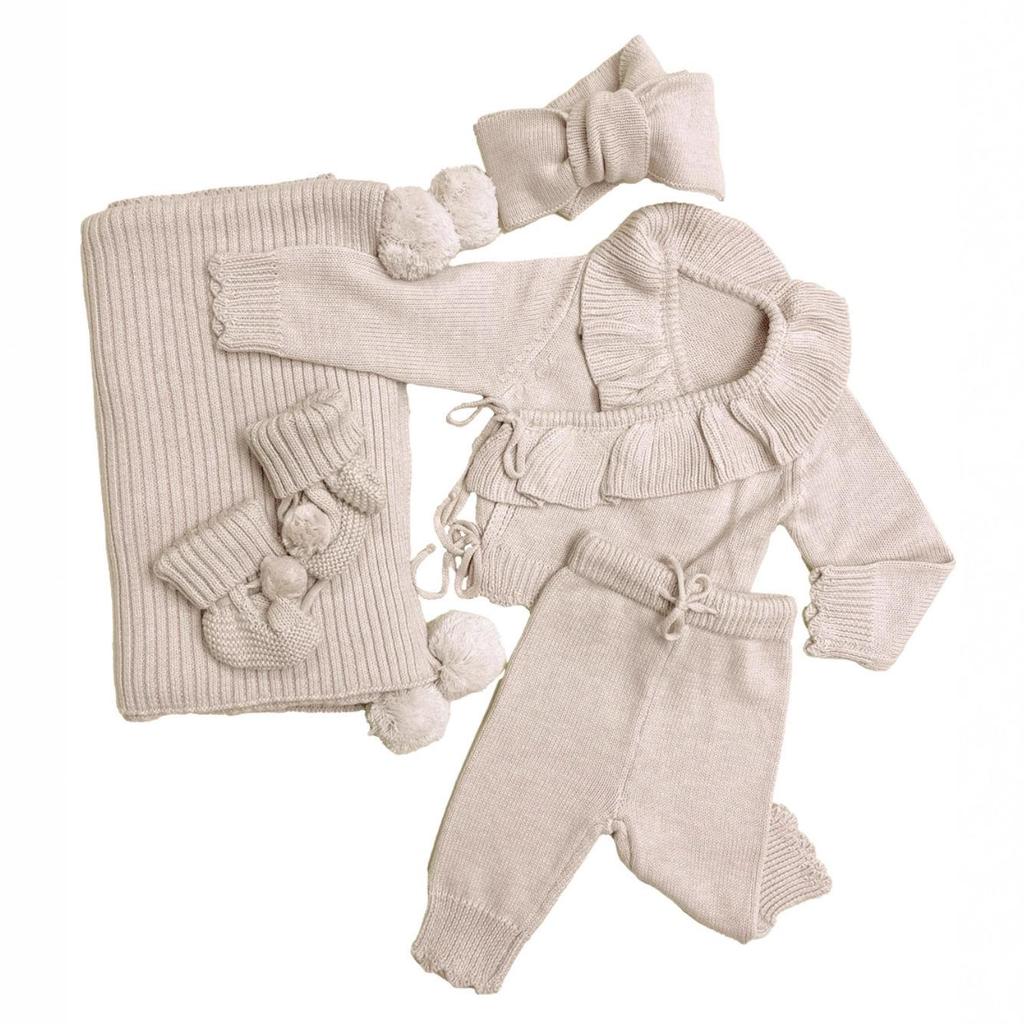 Autumn & Winter Baby Girls Long-Sleeved Sweater and Pants Set with Ruffle Knit Cardigan, Outerwear & Headband, European & American Style