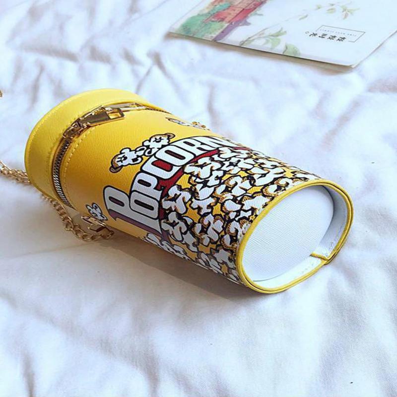 Popcorn Design Bucket Bag, Chain Crossbody Bag, Creative Cylinder Purse For Women, PU Leather Textured Bag Purse, Fancy Fashion Shoulder Bag