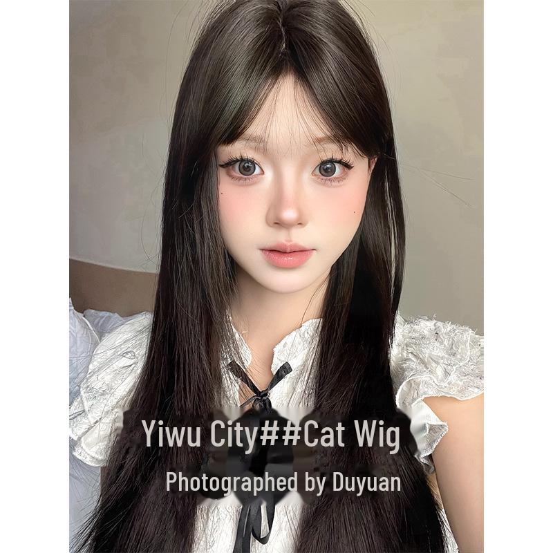 Logical Cat Women's Long Straight Hair Wig with Air Bangs - Natural Full Head Celebrity Style