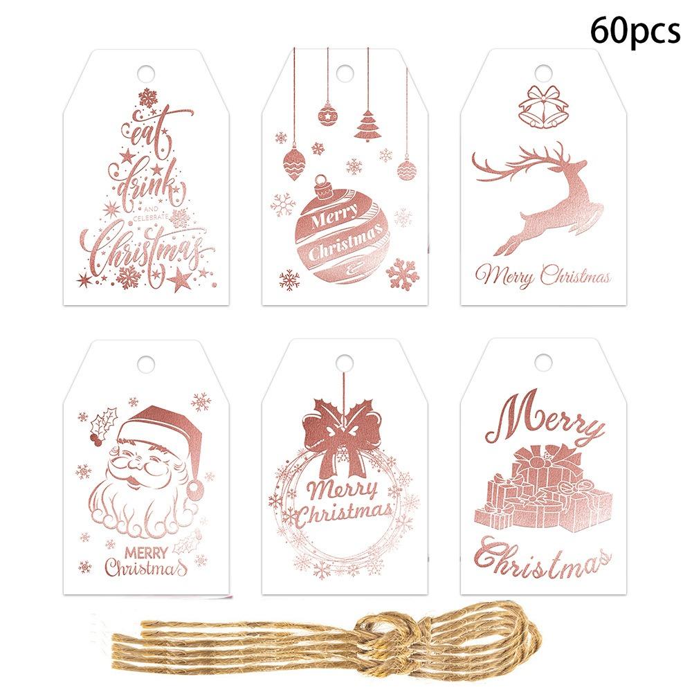 60pcs with Strings Paper Cards Labels Hot Stamping Process Paper Hanging Tags Christmas Decoration