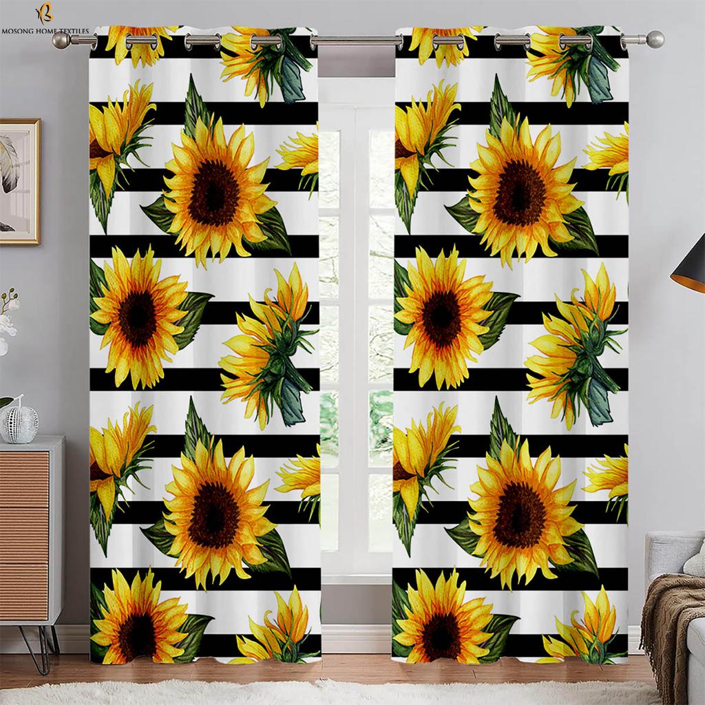 Floral Sunflower Print Curtains Yellow Pastoral Style Curtains Study Bedroom Living Room Decorative Curtains Easy To Wash 2PCS