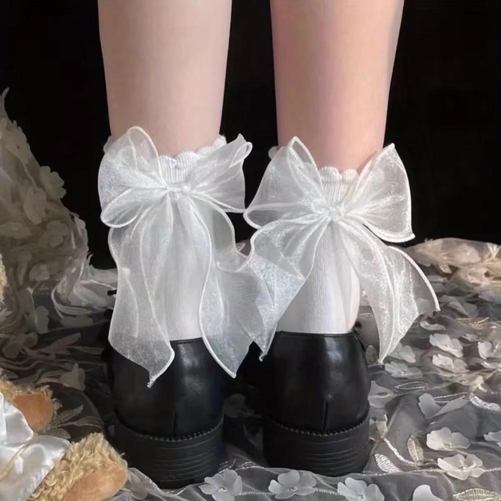 Lolita Bow Tie Mid Calf Lace Socks Princess Japanese Style Cute Socks for Women Girls Dress Skirt Accessories 1Pair Kawaii Socks