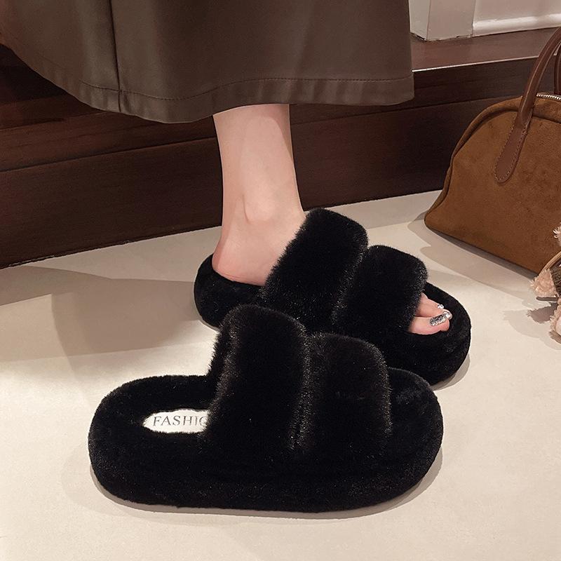 Thick-bottomed High-end Fluffy Slippers for Women's Outer Wear 2025 Autumn and Winter New Retro Fashion Fluffy One-word Cotton Slippers