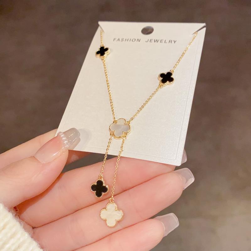 Schwarz Weiß Klee Lariat Halsketten Set – Gold/Silber Y-förmiger Glücksschmuck, Elegantes Geschenk für Frauen