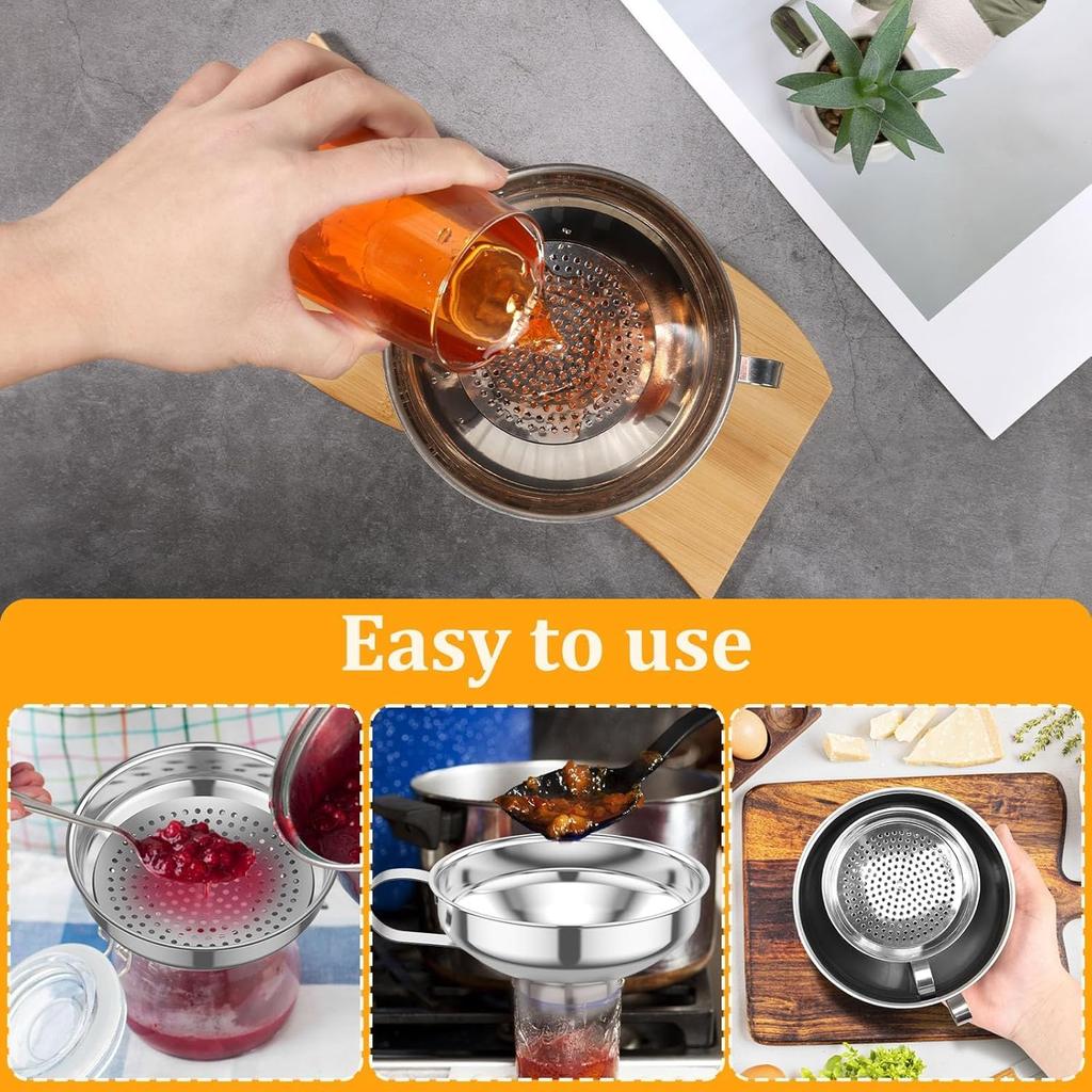 Canning Funnel with Strainer for Wide and Regular Mason Jars - Wide-Mouth Funnels for Kitchen Use - Canning Supplies Kit - Stainless Steel - 3 Pack
