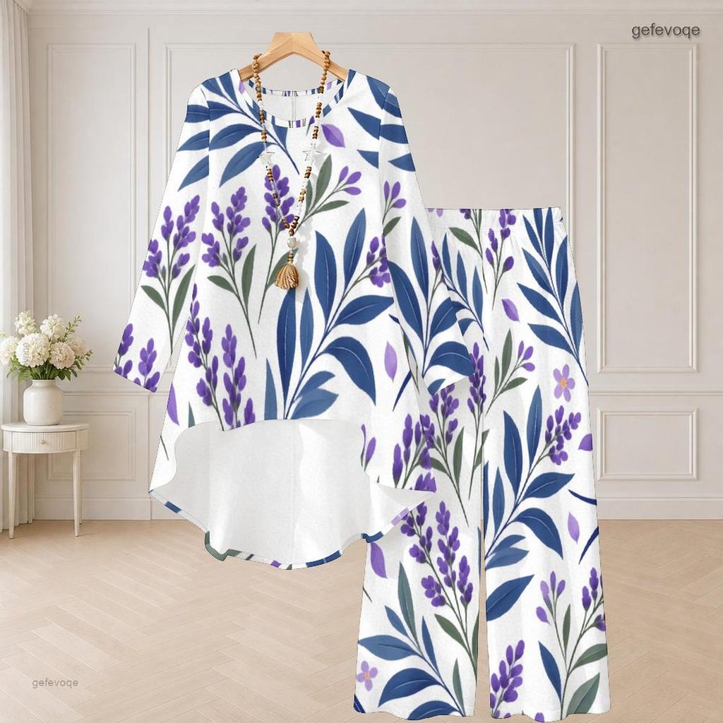 Damen Übergröße Rundhals Langarm Blumenmuster High-Low-Top Weitbeinige Hose Zweiteiliges Set