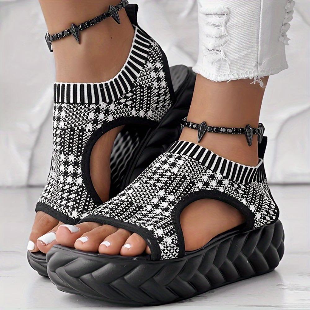 Gestrickte, lässige, elastische, flache Sandalen mit dicker Sohle