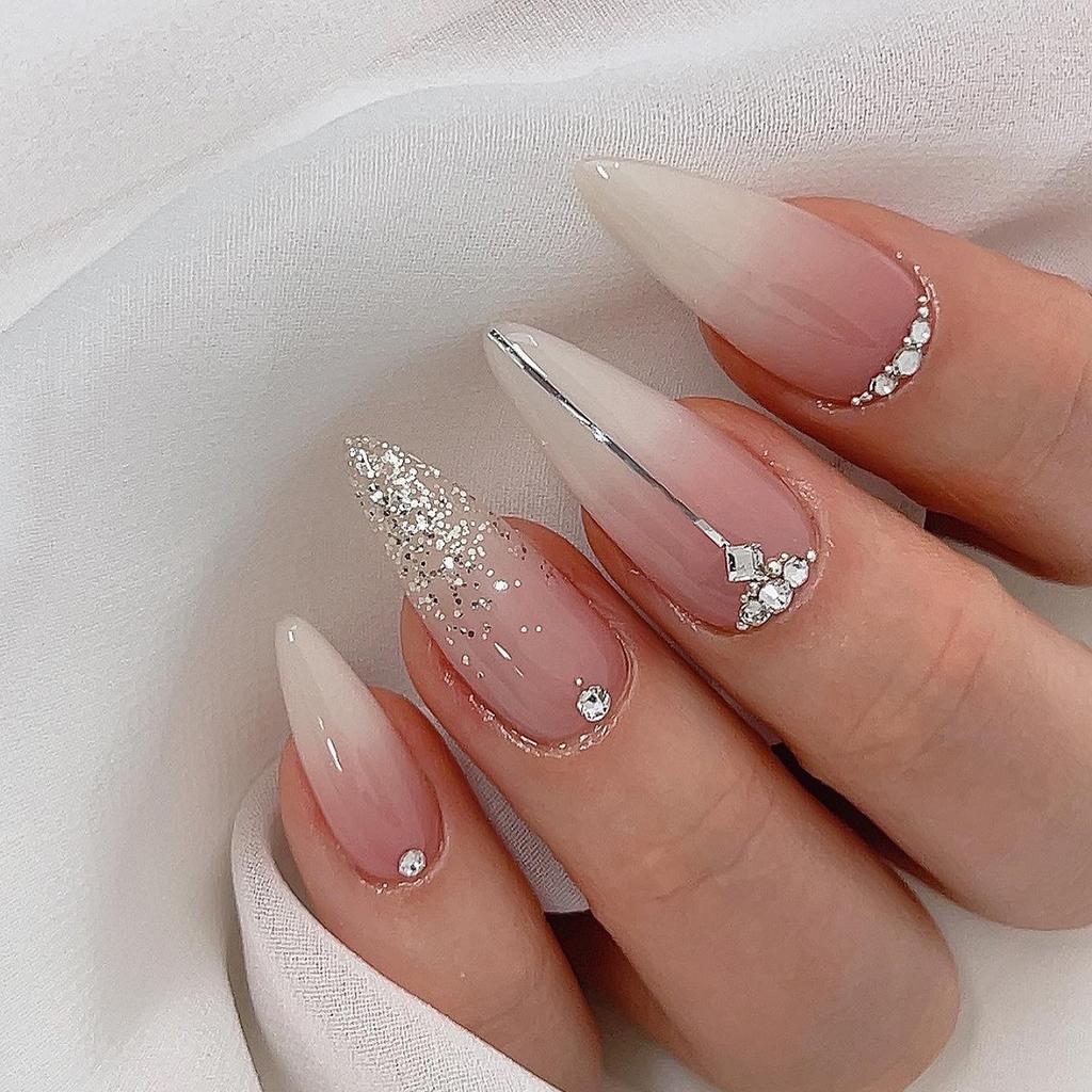 24Pcs French Almond Press On Nails Aurora Glitter Manicure Set Shiny Fake Nails With Drill Design Ready To Wear