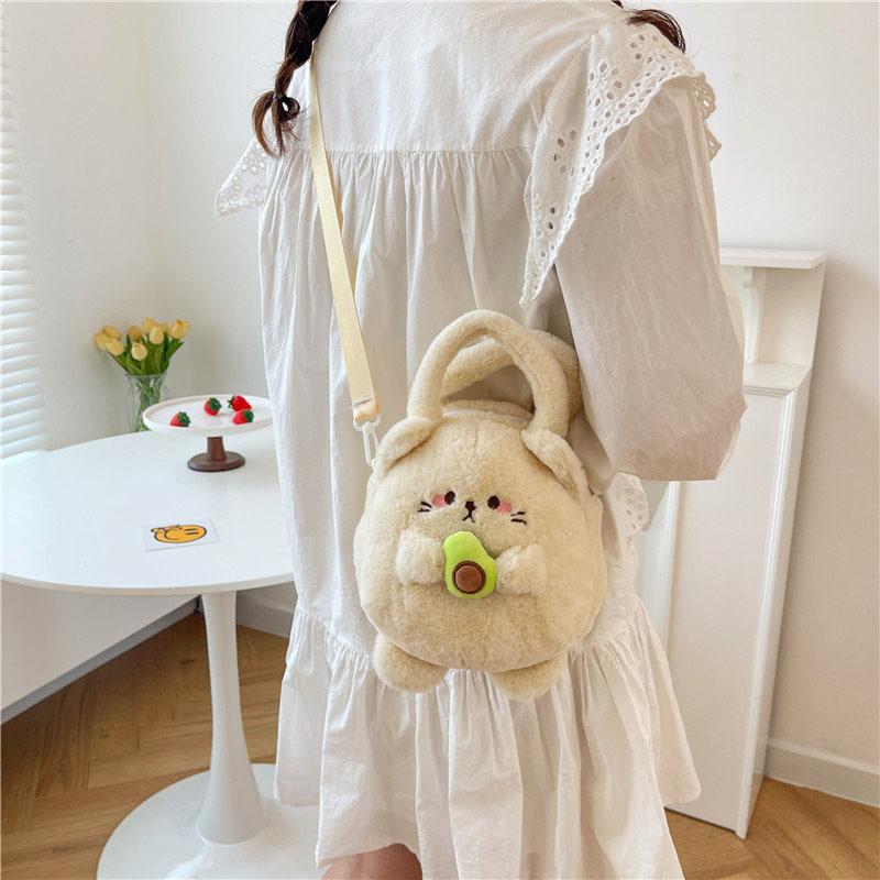 Women's Cartoon Style Bag with Cute Avocado Cat Design; Sweet Peach Rabbit Plush Crossbody Bag Ideal for Girls Gift.