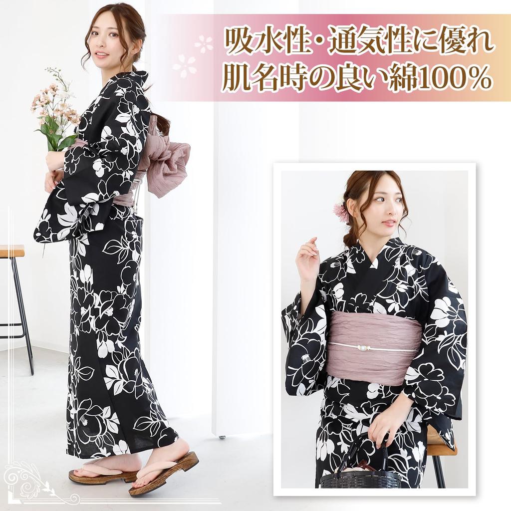 Yukata Set with Heiko Obi Crinkled and Modern Floral Summer Fireworks Free Size [GRAXIA] Women's 2-Piece (Sash), Fluffy, Pattern, Festival, Display,
