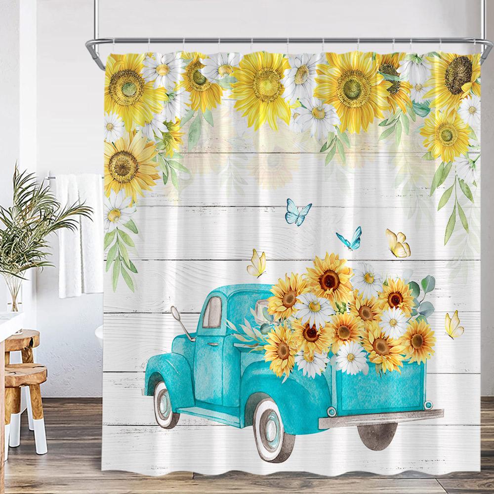 Autumn Harvest Season Shower Curtain Pumpkin Sunflower Corn Squirrel Fall Country Bathroom Decor Orange Polyester Bath Curtain