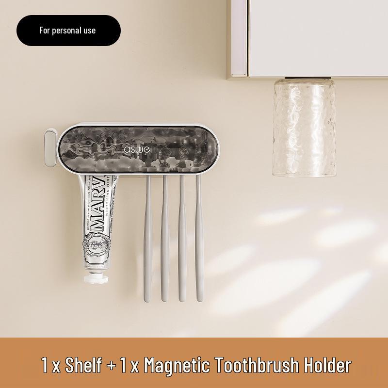 Glacier Pattern Wall-Mounted Toothbrush Holder with Toothpaste Squeezer and Magnetic Inverted Rinsing Cup