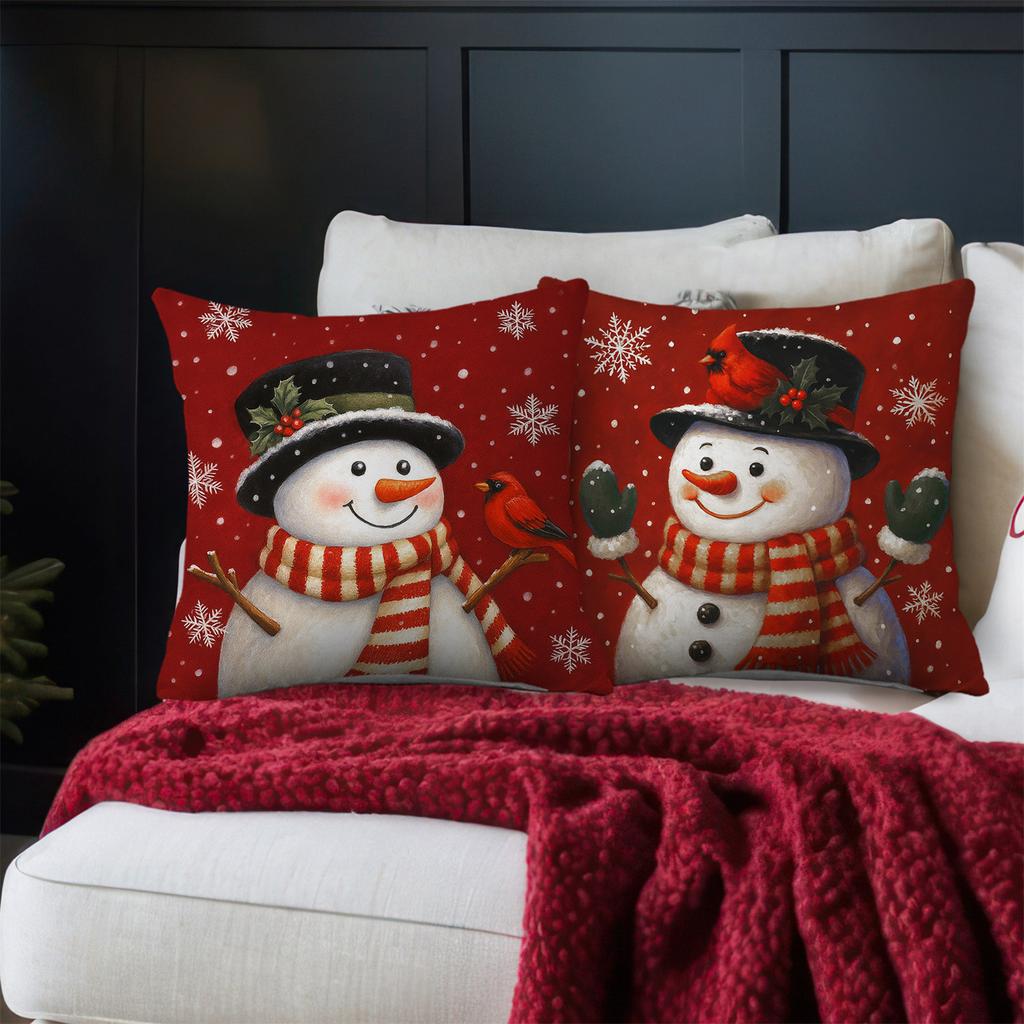 2Pcs Black Hat Snowman Scarf Christmas Throw Pillow Covers Snowflakes Cardinal Cushion Case Winter Home Party Decorations